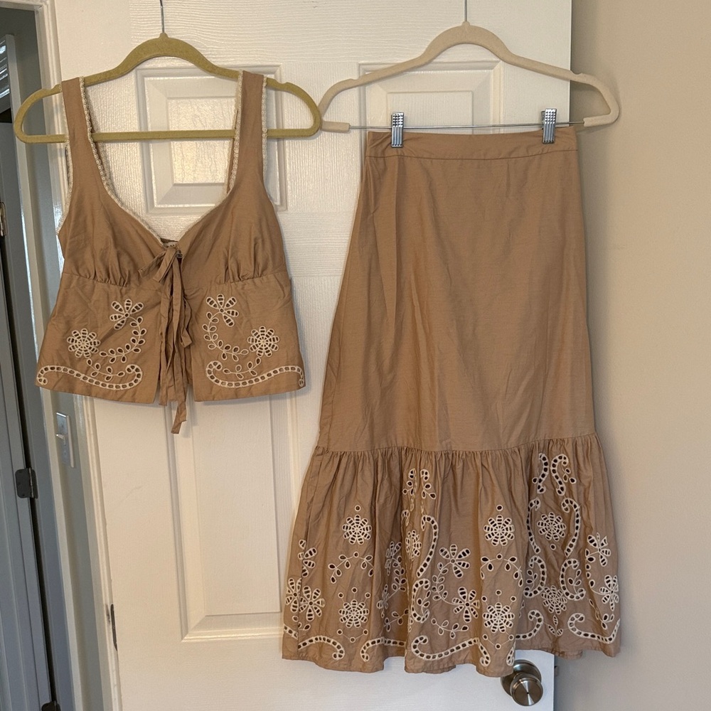 Moon River Tan Embroidered Skirt Set